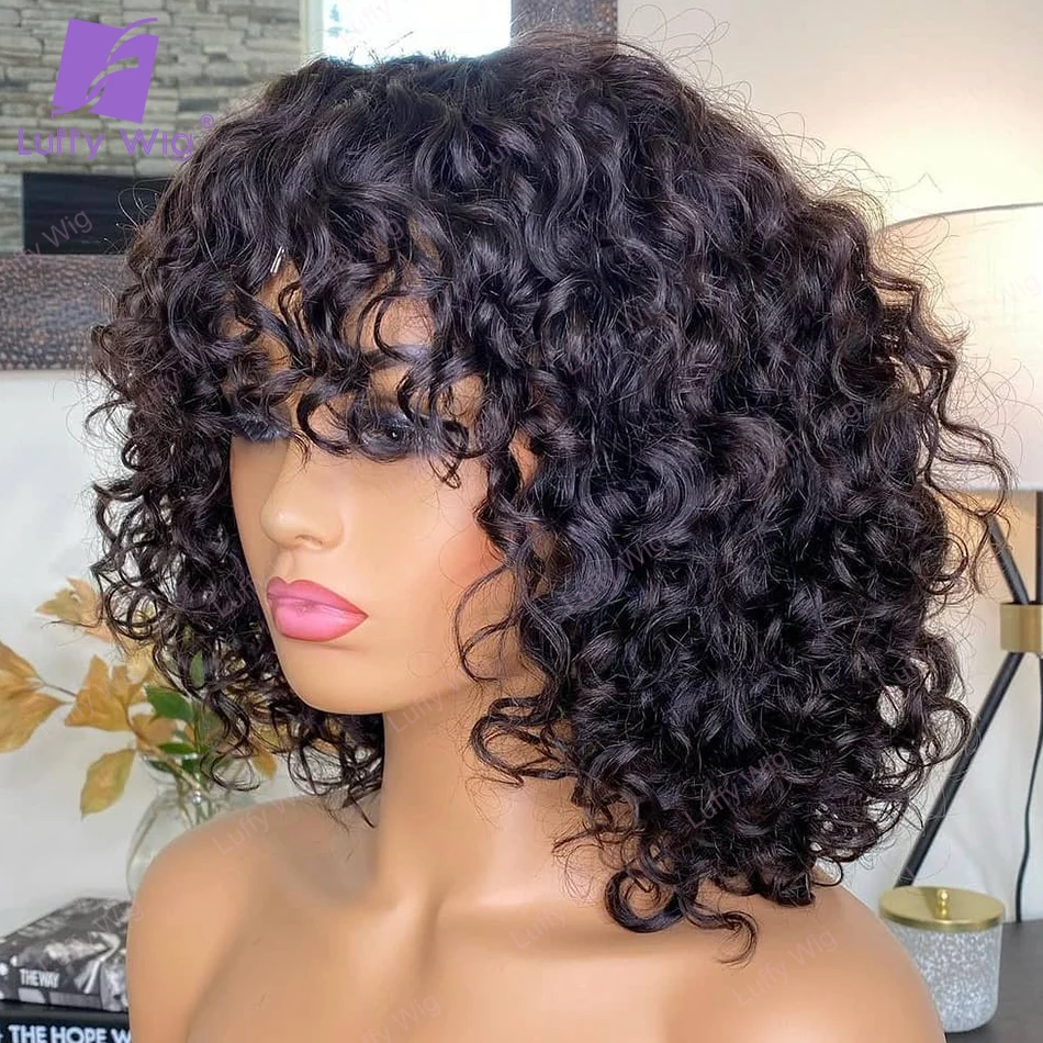 

Short Curly Human Hair Wigs With Bangs Brazilian Remy Hair O Scalp Top Bob Bang Wig Glueless 200Density For Black Women Luffy