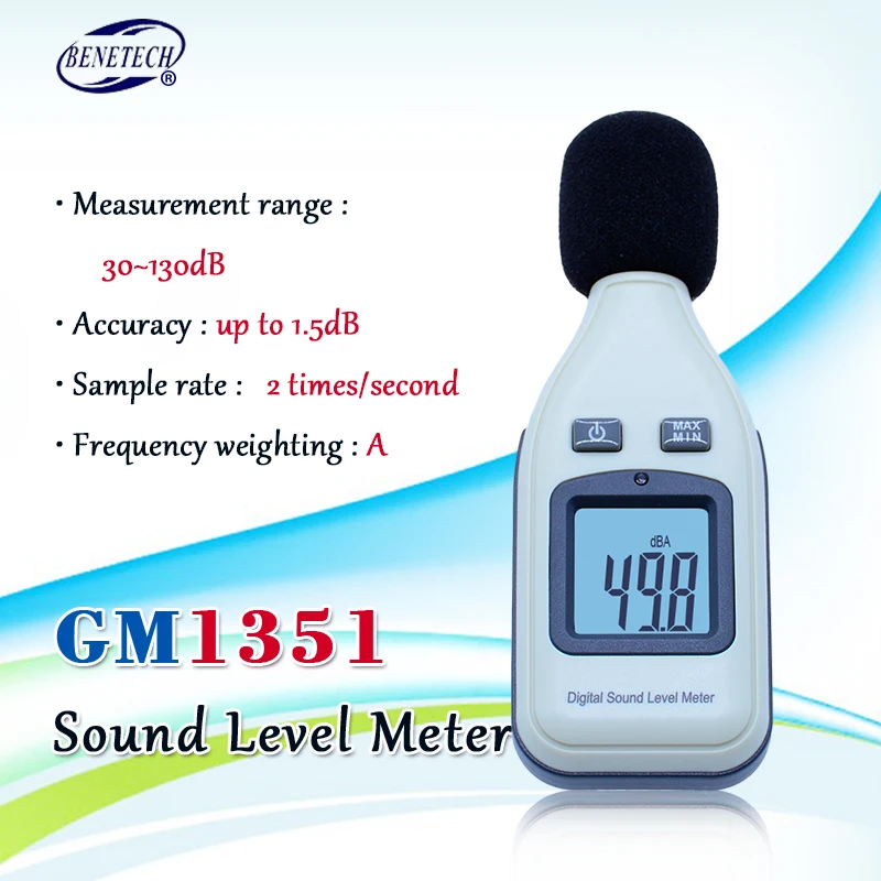 

BENETECH GM1351 Digital Sound Level Meter Decibel Logger Tester 30-130dBA Noise in Decibels LCD Screen Noisemeter