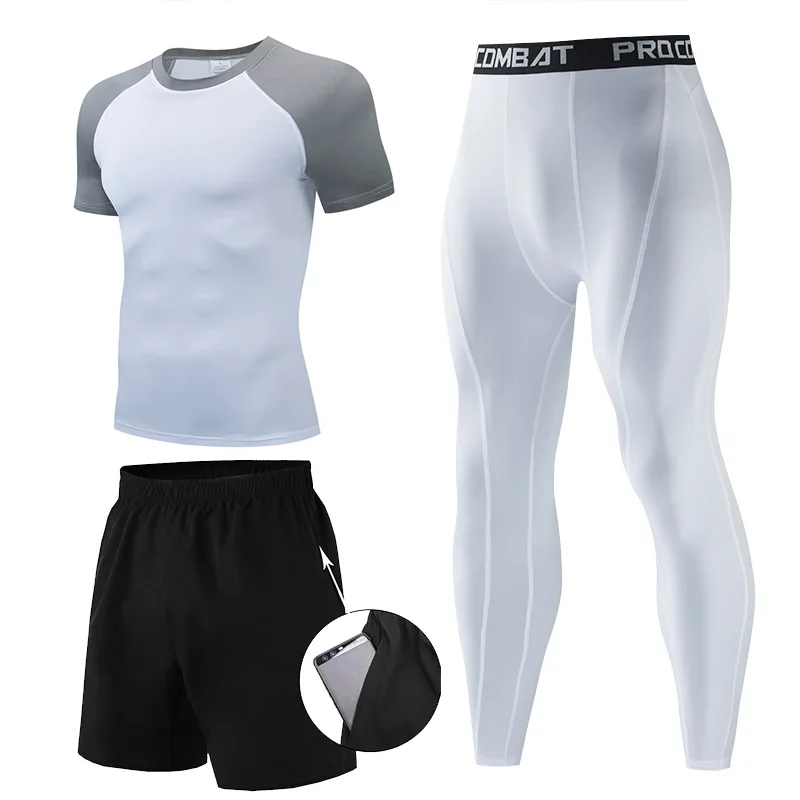 Men gym workout clothes quick-dry tight-fit sweat shirt wicking 3-piece short-sleeved running pants suit summer fitness clothing
Men gym workout clothes quick-dry tight-fit sweat shirt wicking 3-piece short-sleeved running pants suit summer fitness clothing