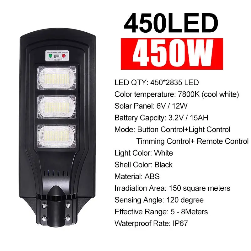 IP67 150W/300W/450W LED Solar Light Outdoor Solar Lamp Powered Sunlight Radar PIR Motion Sensor Wall Street Light for Garden
IP67 150W/300W/450W LED Solar Light Outdoor Solar Lamp Powered Sunlight Radar PIR Motion Sensor Wall Street Light for Garden