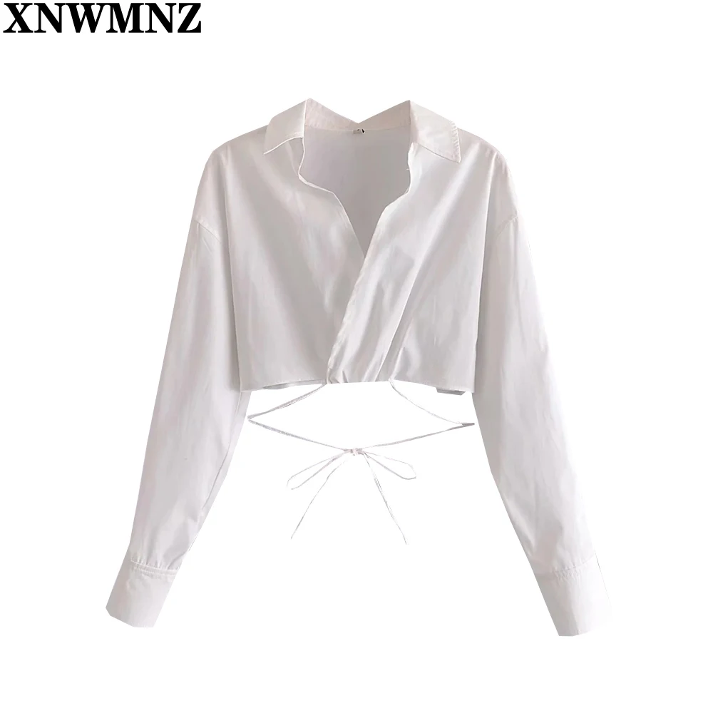 

XNWMNZ 2021 Blouse Women Fashion surplice cropped shirt with ties Woman crossover v neck Long Sleeve top Female Shirts Chic Tops