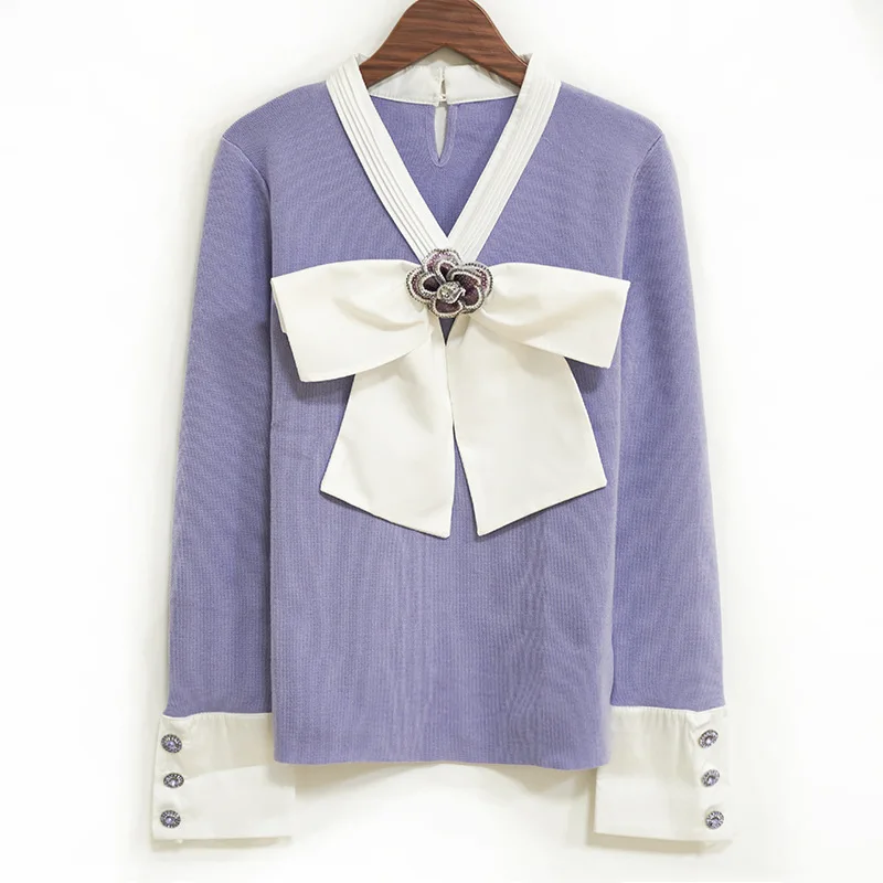 Brand Design V-Neck Sweet Detachable Bow Long-Sleeved Wool Sweater Women Purple Knitwear Pullover 2020 New Christmas Clothes
Brand Design V-Neck Sweet Detachable Bow Long-Sleeved Wool Sweater Women Purple Knitwear Pullover 2020 New Christmas Clothes