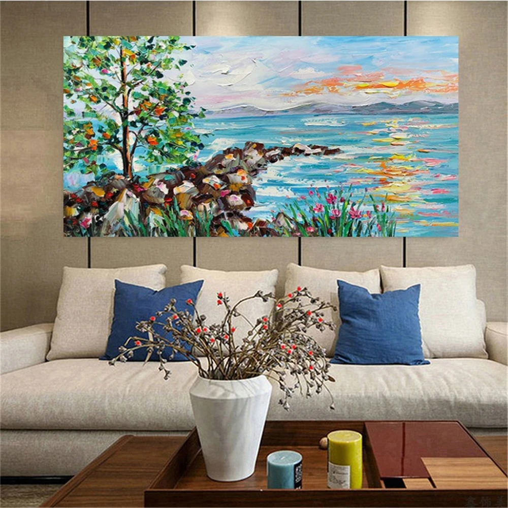 Home Decoration Art Painting Waterfall Tree Landscape Oil Painting hand-painted living room Hang a picture