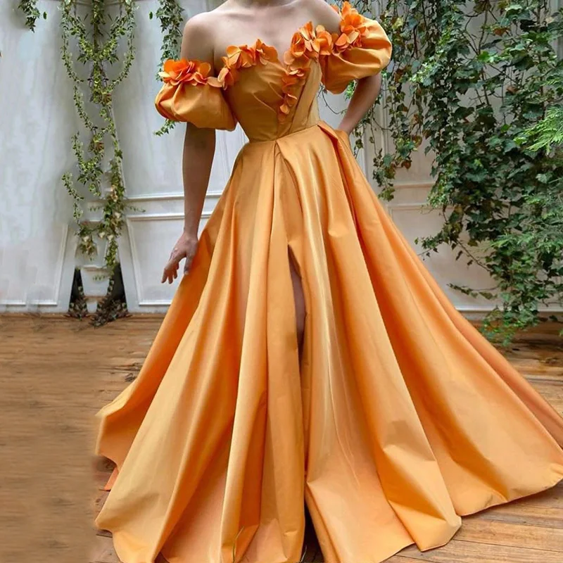 2021 Orange Satin Prom Dresses Off Shoulder Short Sleeves Flowers High Side Split Evening Gown Party Dress for Graduation
2021 Orange Satin Prom Dresses Off Shoulder Short Sleeves Flowers High Side Split Evening Gown Party Dress for Graduation