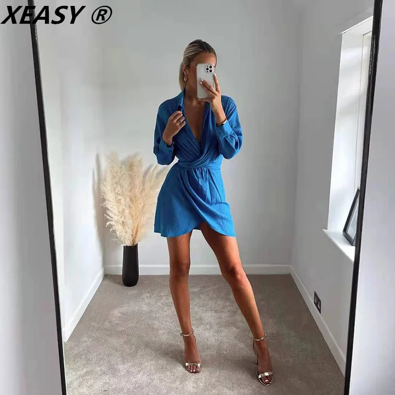 Женское винтажное мини-платье XEASY повседневное синее платье-рубашка с длинным