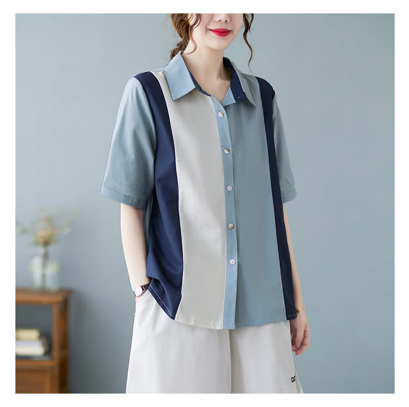 Cotton Loose Women's Shirts New Fashion Blouse Casual Short Sleeve Blusas Patchwork Polo Buttons Shirt Summer Houthion
Cotton Loose Women's Shirts New Fashion Blouse Casual Short Sleeve Blusas Patchwork Polo Buttons Shirt Summer Houthion