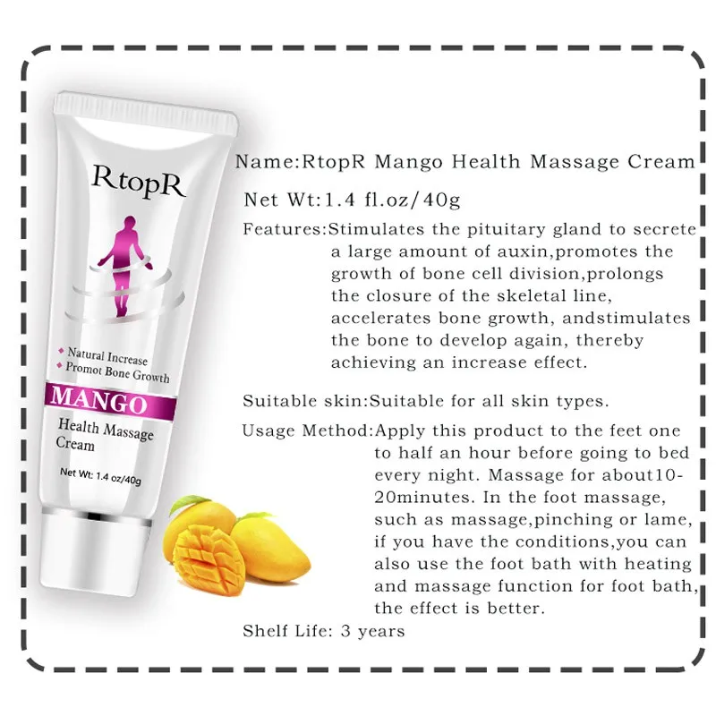 Mango Pure Natural Health Massage Increases Body Growth Higher Health Massage Cream Foot Care Products Promote Bone Growth
Mango Pure Natural Health Massage Increases Body Growth Higher Health Massage Cream Foot Care Products Promote Bone Growth