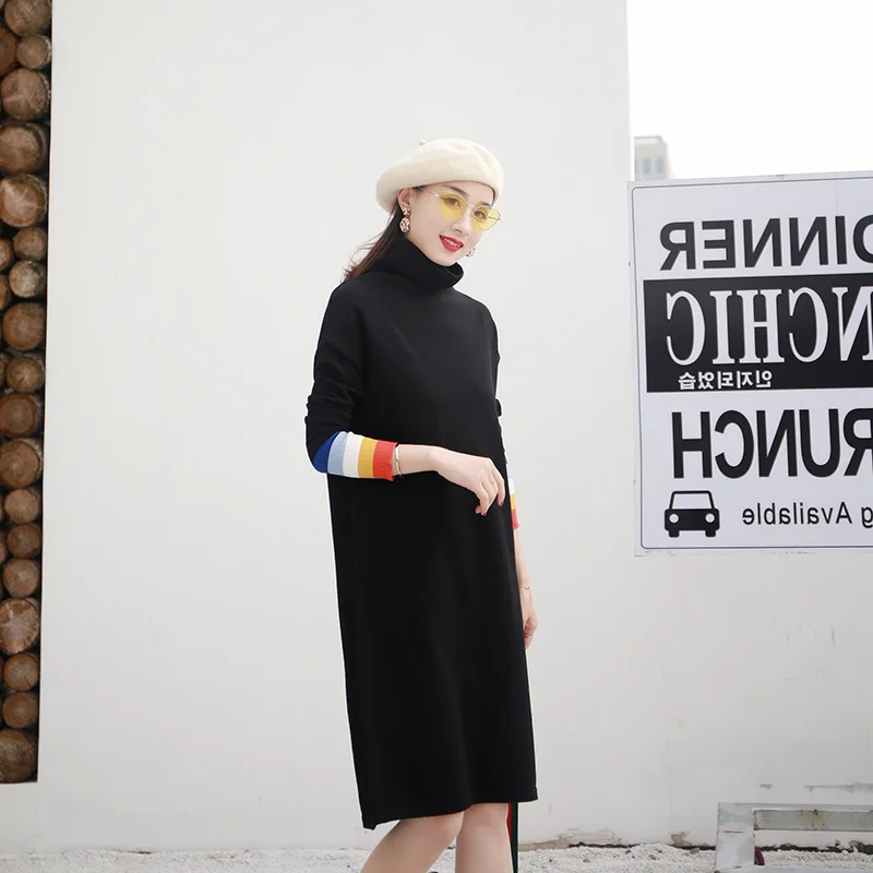 Модные черные свитера с высоким воротом женские 2019 длинные повседневное вязаное