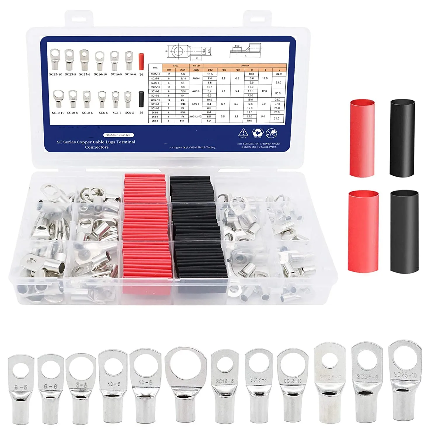 Heavy Duty Cable Lugs,SC Tinned Copper Tubular Battery Lugs Battery Cable Ring Terminal with 3:1 Dual Wall Adhesive Heat Shrink
Heavy Duty Cable Lugs,SC Tinned Copper Tubular Battery Lugs Battery Cable Ring Terminal with 3:1 Dual Wall Adhesive Heat Shrink