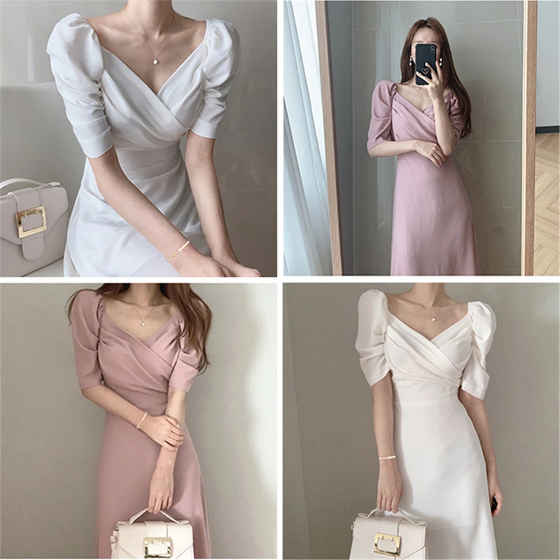 2021 Elegant Women Dress Korean Chic Cross V Neck Puff Sleeve Slim Long Dresses Summer Solid Female Chiffon Y222
2021 Elegant Women Dress Korean Chic Cross V Neck Puff Sleeve Slim Long Dresses Summer Solid Female Chiffon Y222