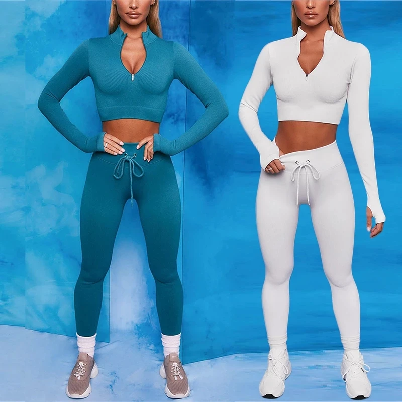 Two Piece Yoga Set Women Sexy Zipper Long Sleeve Drawstring High Waist Leggings Workout Clothes for Women Sportwear Gym Clothing
Two Piece Yoga Set Women Sexy Zipper Long Sleeve Drawstring High Waist Leggings Workout Clothes for Women Sportwear Gym Clothing