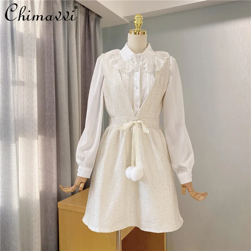 2022 Spring Two Pieces Dress Set White Long Sleeve Casual Shirt High Waist A Line Suspender Dress Lady Dress and Blouse Set
2022 Spring Two Pieces Dress Set White Long Sleeve Casual Shirt High Waist A Line Suspender Dress Lady Dress and Blouse Set