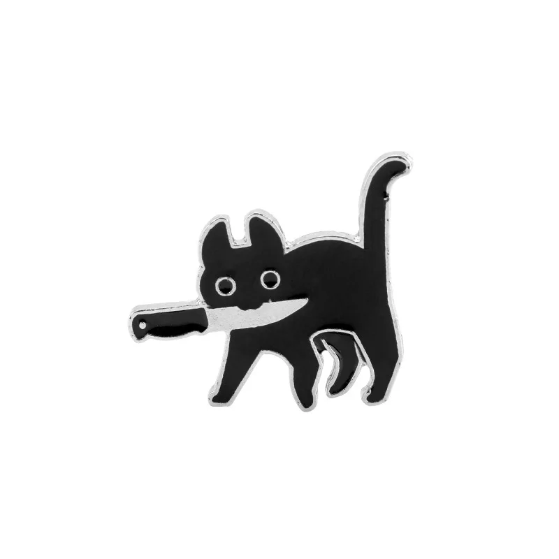 Эмалированная Булавка С мультяшным поп черная кошка с ножом значки заколки на