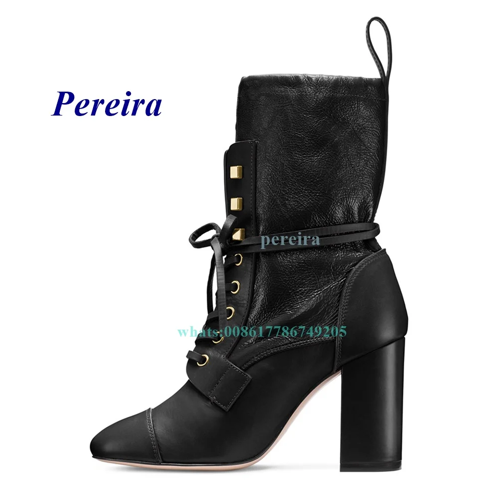 Round Toe Chunky Heel Ankle Boots Rivet Cross Tied Lace Up Short Boots Black Leather Winter New Design High Heel Women Shoes
Round Toe Chunky Heel Ankle Boots Rivet Cross Tied Lace Up Short Boots Black Leather Winter New Design High Heel Women Shoes
