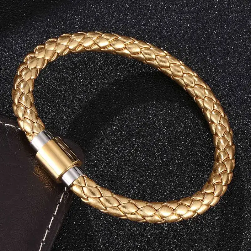 New Men Leather Braclets Luxury Gold Braided Rope Chain Bracelet Stainless Steel Clasp Male Jewelry Charm BB0525J
New Men Leather Braclets Luxury Gold Braided Rope Chain Bracelet Stainless Steel Clasp Male Jewelry Charm BB0525J