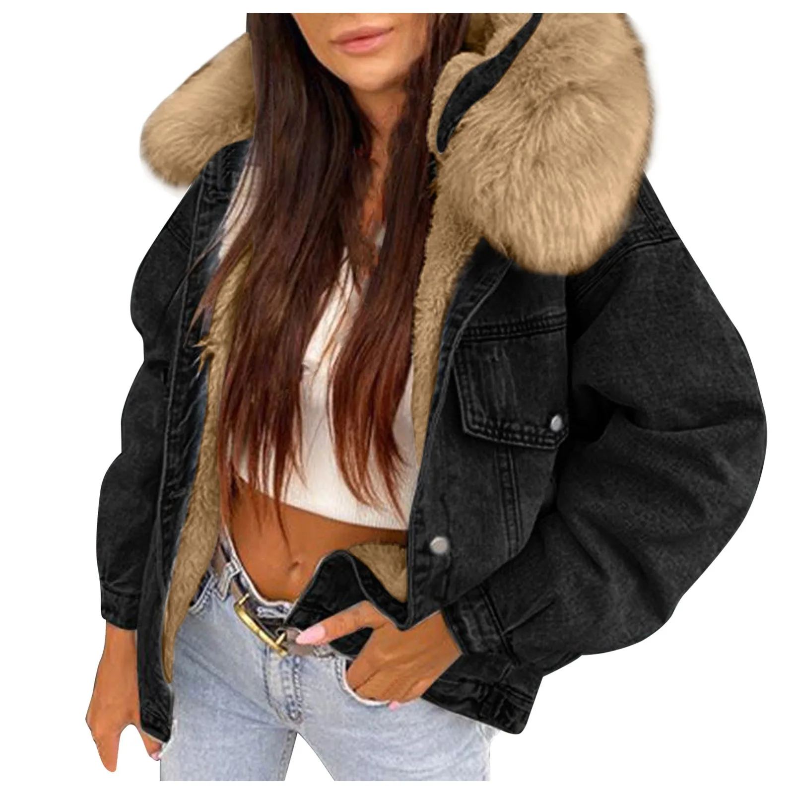 Women's Warm Thickened Overcoat Long Sleeve Winter Fleece Lined Lapel Collar Solid Color Denim Jacket with Lightweight Coat
Women's Warm Thickened Overcoat Long Sleeve Winter Fleece Lined Lapel Collar Solid Color Denim Jacket with Lightweight Coat