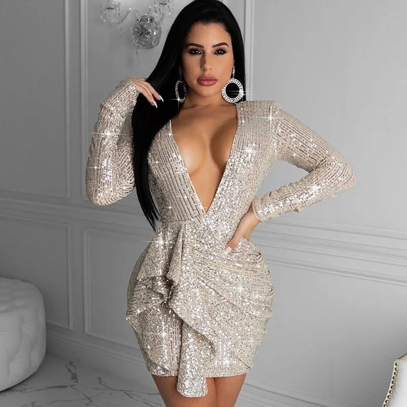 New Women Slivery Cocktail Dress Sexy Deep V Long Sleeves Short Mini Nightclub Celebrity Party Gown Women Fashion Dress YSAN1275
New Women Slivery Cocktail Dress Sexy Deep V Long Sleeves Short Mini Nightclub Celebrity Party Gown Women Fashion Dress YSAN1275