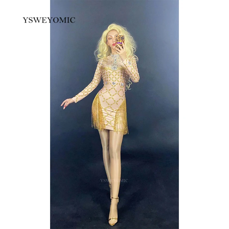 Party Dress Gold Rhinestones Fringes Pearl Short Dress Birthday Celebrate Spandex Wear Prom Women Dress Wedding Prom Outfit 
Party Dress Gold Rhinestones Fringes Pearl Short Dress Birthday Celebrate Spandex Wear Prom Women Dress Wedding Prom Outfit