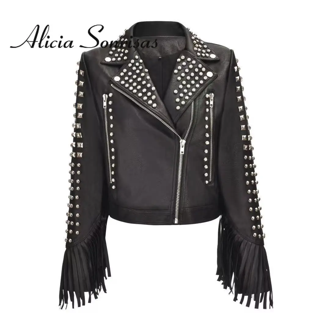 2021 Winter Women Rivets Graffiti Punk PU Coat Long Zippers Black Turn-down Collar Hispter Fringed Black Moto Biker Jacket
2021 Winter Women Rivets Graffiti Punk PU Coat Long Zippers Black Turn-down Collar Hispter Fringed Black Moto Biker Jacket