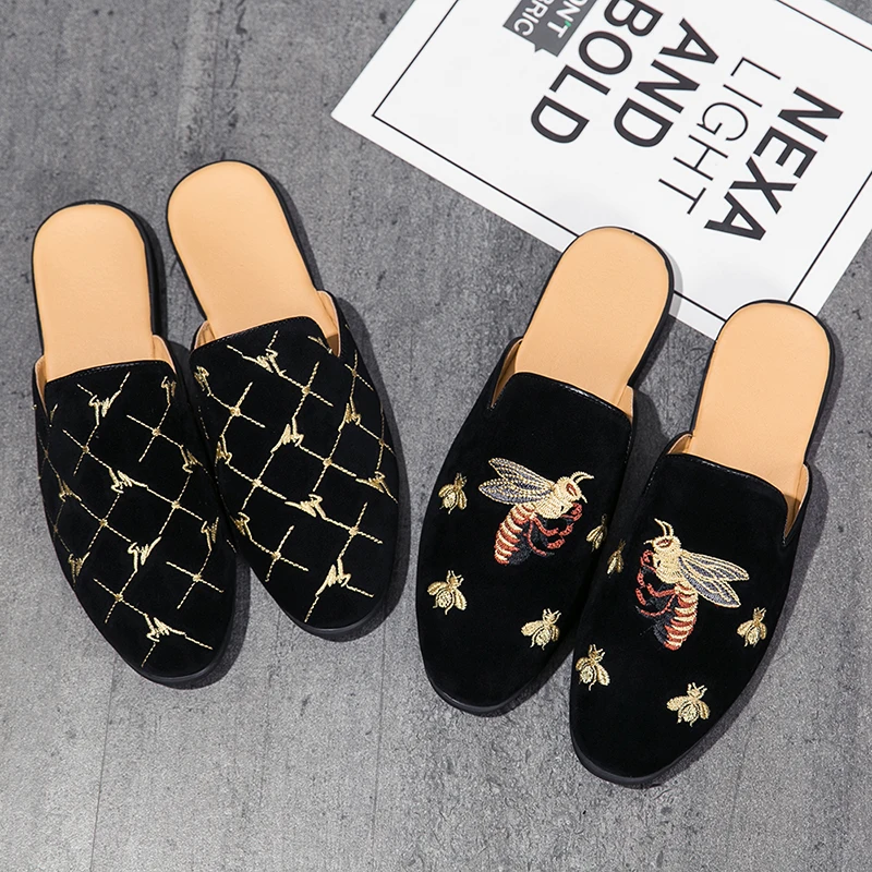 

Black Bee Embroidered Loafer Shoes Men's Mules Shoes Lightweight Low Cut Breathable Half Shoes Men Slip-on Flat Men Design Shoes