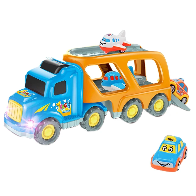 

City Transport Truck Cartoon Vehicles Friction Powered Car Carrier with Sounds and Flash Light Push Go Taxi and Airplane