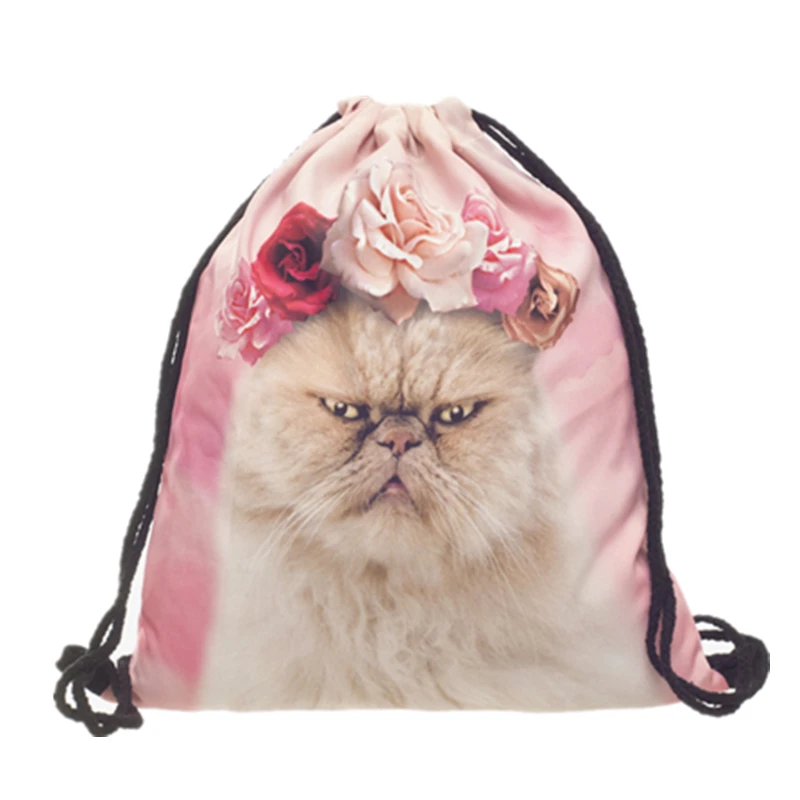 

New 3D Printed Drawstring Bag Rose Cat Pink Fashion Mochila Cuerda Out Door Drawstring Backpack Women Men Modis String Bag Girl