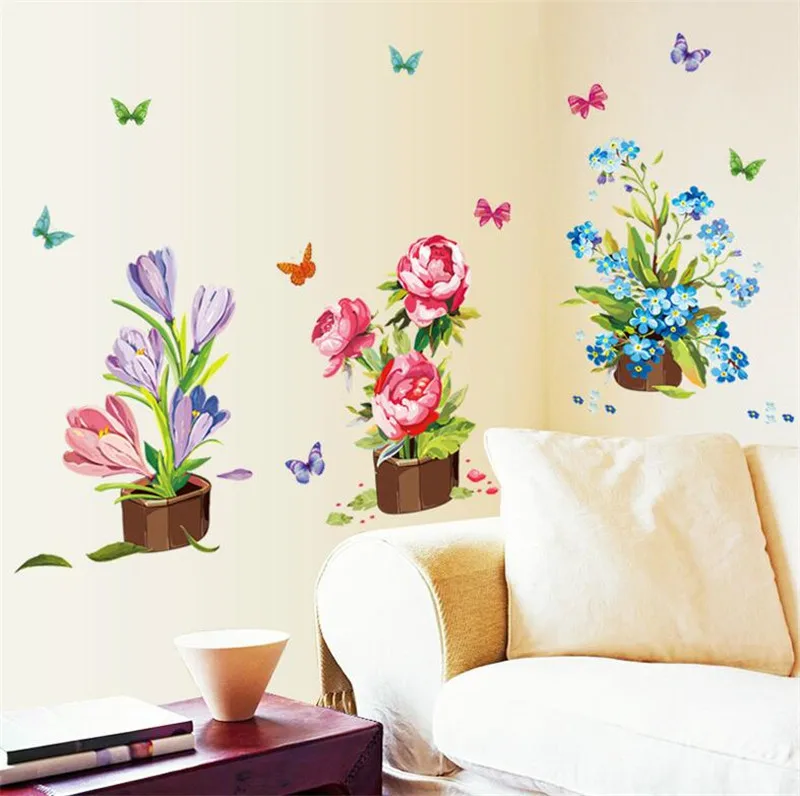 

Цветные 3D наклейки на стену в горшке с цветами, художественные фрески для гостиной, спальни, водонепроницаемые настенные украшения