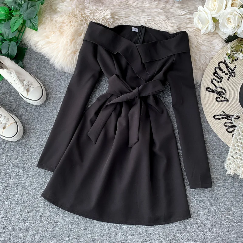 Women's Solid Bandge Fashion 2021 New Spring Summer Long Sleeve High Waist Slash Neck Ladies Mini Temperament Dress 
Women's Solid Bandge Fashion 2021 New Spring Summer Long Sleeve High Waist Slash Neck Ladies Mini Temperament Dress
