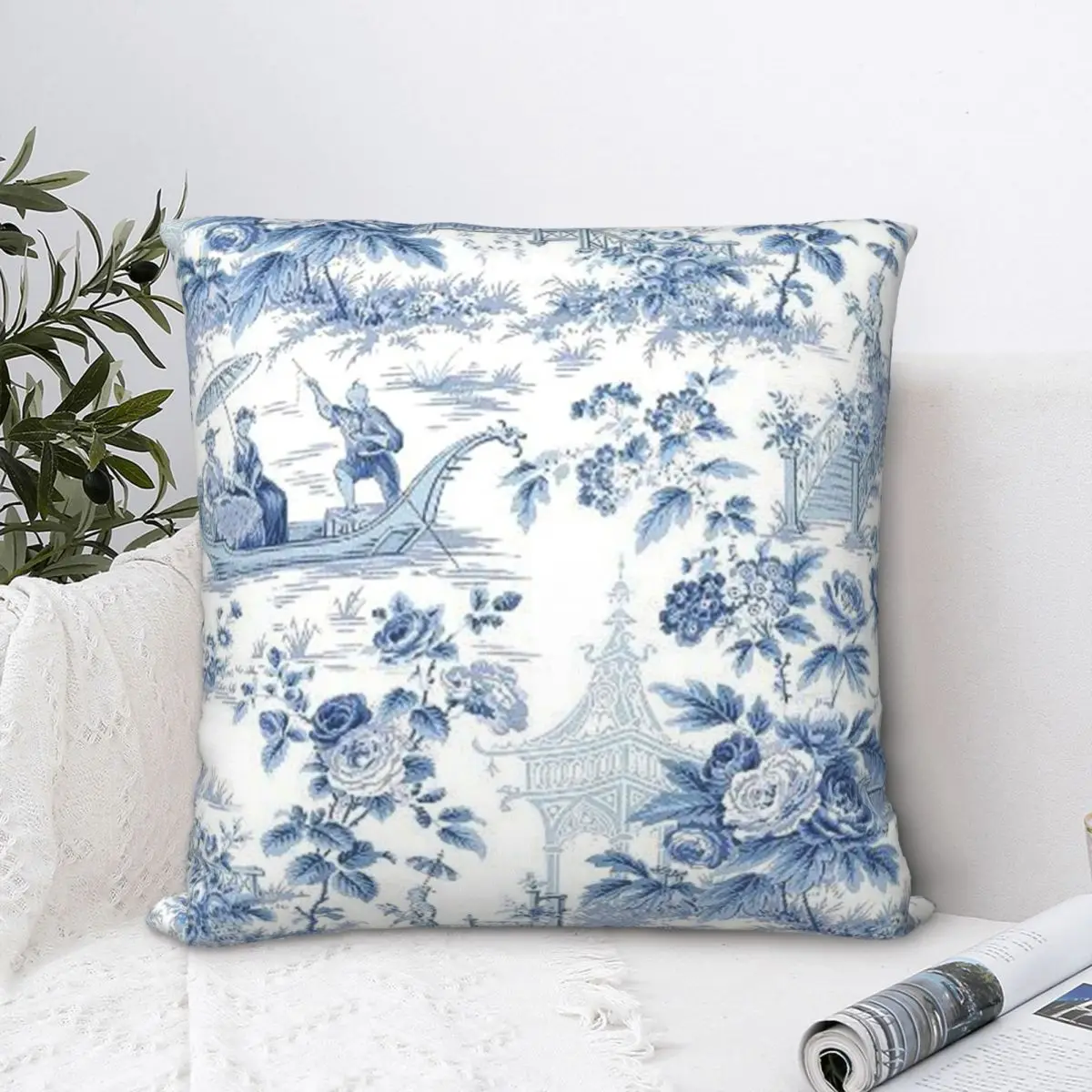 

Powder Blue Chinoiserie Toile Square Pillowcase Cushion Cover funny Zip Home Decorative Polyester Throw Pillow Case Room Nordic