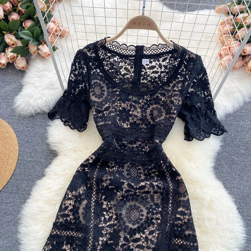 Pink Lace Hollow Out Slim Sexy Midi Dress Summer Women Black Elegant Evening Dresses Vintage Short Sleeve Fashion Fairy Dresses
Pink Lace Hollow Out Slim Sexy Midi Dress Summer Women Black Elegant Evening Dresses Vintage Short Sleeve Fashion Fairy Dresses