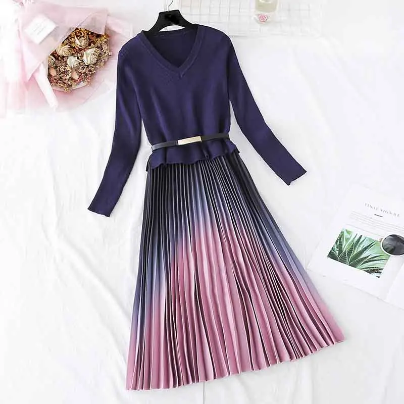 Autumn Winter Elegant Knitted Patchwork Gradient Pink Pleated Dress Women Long Sleeve Office One-Piece Sweater Dress With Belt
Autumn Winter Elegant Knitted Patchwork Gradient Pink Pleated Dress Women Long Sleeve Office One-Piece Sweater Dress With Belt