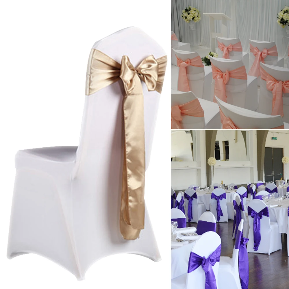 

10pcs Wedding Satin Chair Sashes Party Chairs Bands Gold Pink Chair Knot Cover Chairs Bow Ties Decoration for Banquet 15x275cm