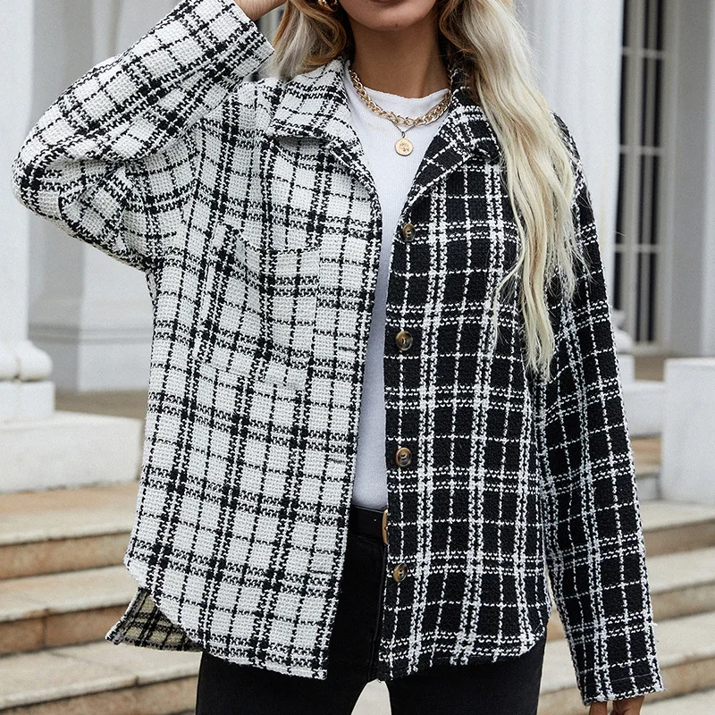 Coat of lady of cardigan of check of black and white splicing of shirt of long sleeve of autumn Euramerican new style
Coat of lady of cardigan of check of black and white splicing of shirt of long sleeve of autumn Euramerican new style