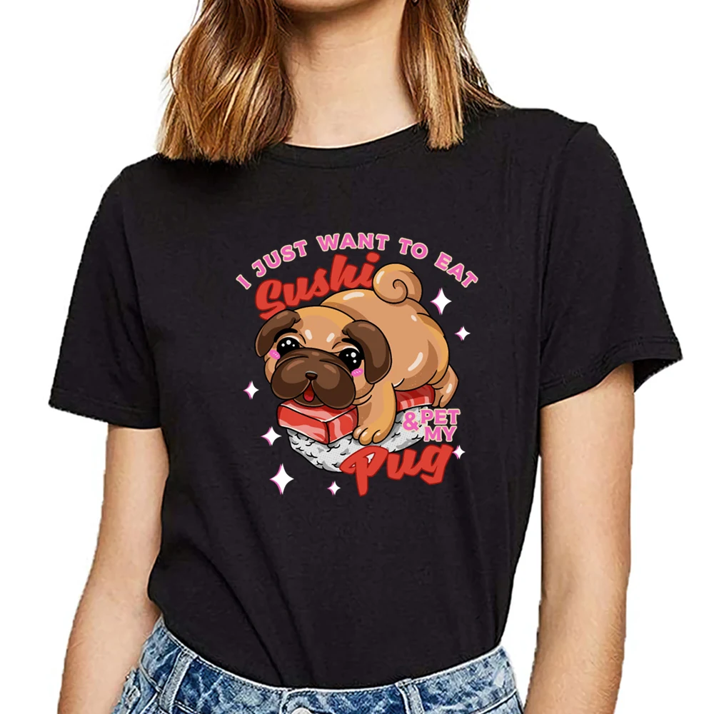 Женская футболка с надписью i just want to eat sushi pet my pug cute dog Kawaii Black | одежда