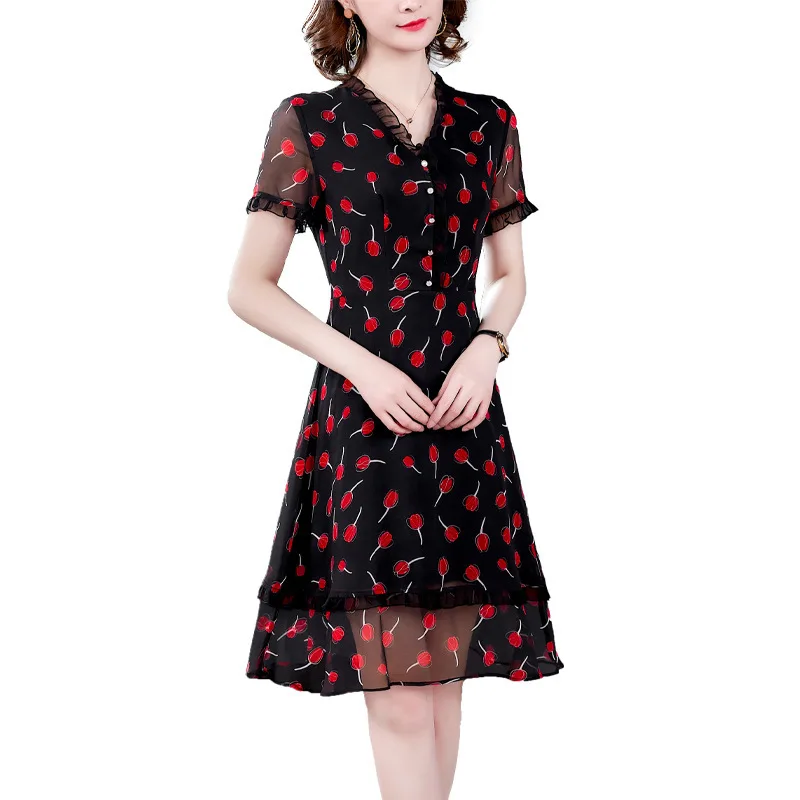 Beach silk dress female 2020 summer new banquet ladies short sleeve black printed dress
Beach silk dress female 2020 summer new banquet ladies short sleeve black printed dress