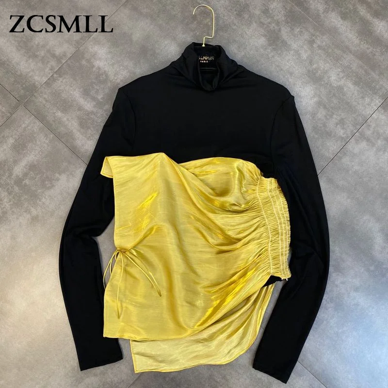 ZCSMLL 2021 Autumn Winter High-necked Long-sleeved Stitching Elastic Pinched Pleated Fabric Design Women's Black Shirt Tide
ZCSMLL 2021 Autumn Winter High-necked Long-sleeved Stitching Elastic Pinched Pleated Fabric Design Women's Black Shirt Tide