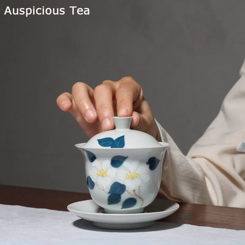 

155ml Hand Painted Camellia Porcelain Gaiwan Ceramic Tea Bowl Kung Fu Tea Set Tea Cup Household Drinkware Teaware Teapot Decor