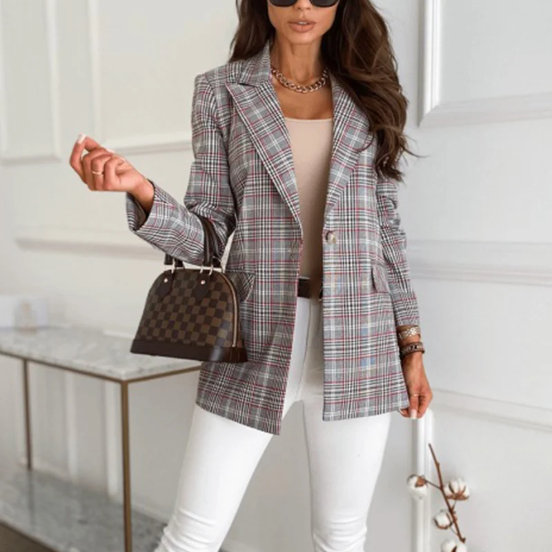 Женский блейзер в клетку, с принтом, на одной пуговице 
Женский блейзер в клетку, с принтом, на одной пуговице