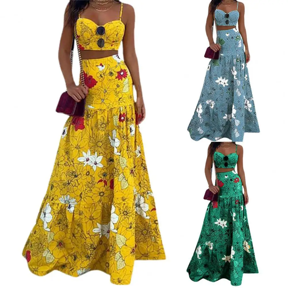 Hot Sales Women Skirt Floral Print Spaghetti Strap Summer High Waist Large Hem Skirt Set for Beach
Hot Sales Women Skirt Floral Print Spaghetti Strap Summer High Waist Large Hem Skirt Set for Beach