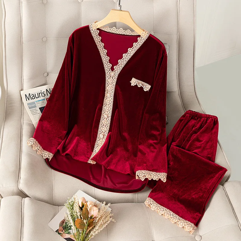 Velvet Loungewear Women Pajamas Set Lace Trim 2PCS Sleepwear Long Sleeve Shirt&Pants Velour Trousers Suit Elastic Waist Homewear
Velvet Loungewear Women Pajamas Set Lace Trim 2PCS Sleepwear Long Sleeve Shirt&Pants Velour Trousers Suit Elastic Waist Homewear