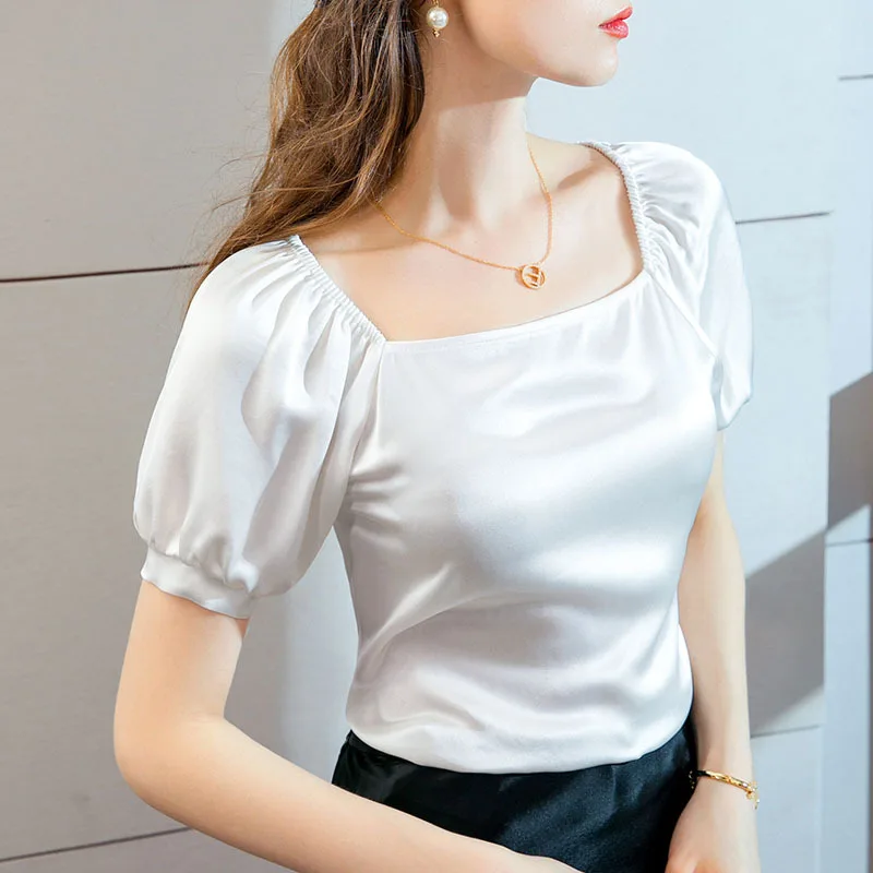 Silk T-shirt women's European style small shirt French court square neck acetate Satin bubble sleeve top
Silk T-shirt women's European style small shirt French court square neck acetate Satin bubble sleeve top