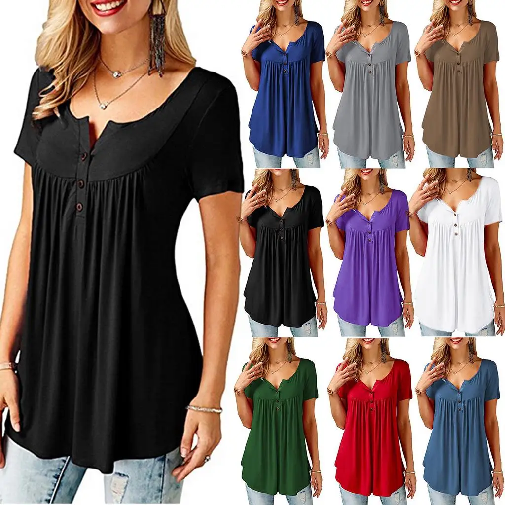 Women Short Sleeve Tops O Neck T Shirt Button Loose Blouse Elastic Tunic Female Casual
Women Short Sleeve Tops O Neck T Shirt Button Loose Blouse Elastic Tunic Female Casual