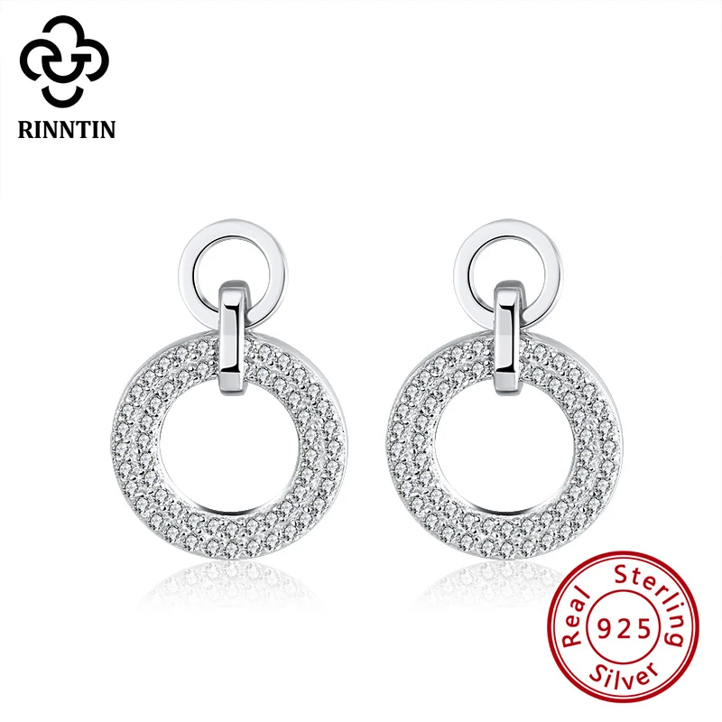 Rinntin 100% S925 Серебряные Висячие серьги для женщин AAAA циркон женские круглые свадьбы