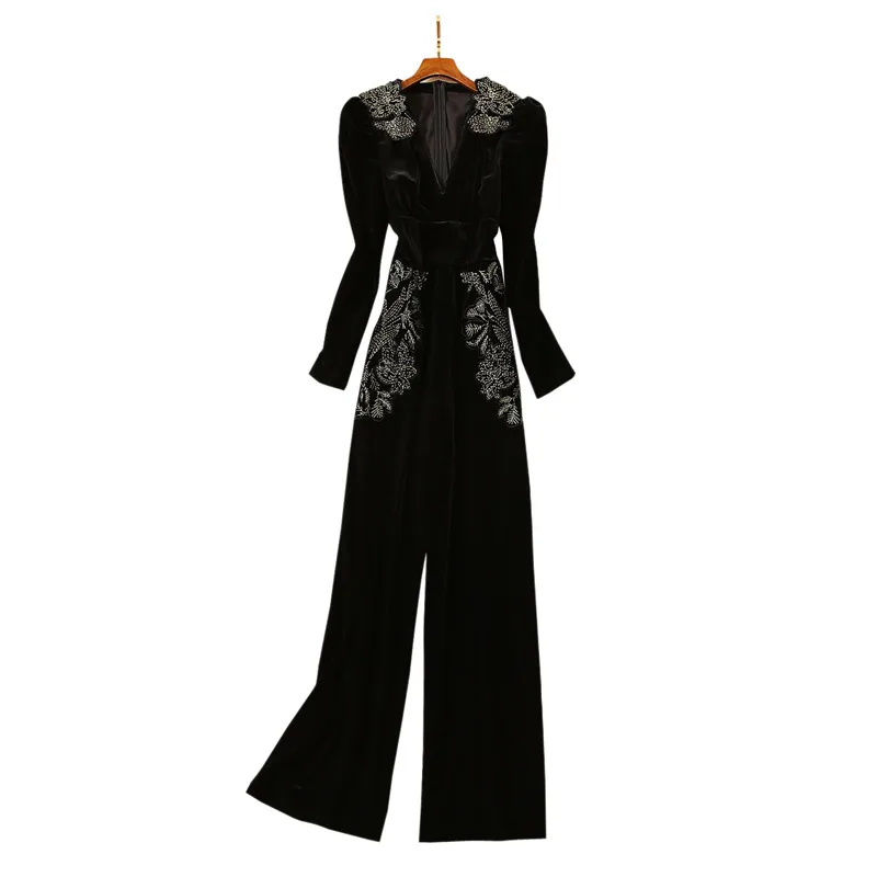 Golden Flower Embroidery Black Velvet Jumpsuits Deep V Neck Long Sleeves Full Length Pants One Piece Jumpsuit Overall
Golden Flower Embroidery Black Velvet Jumpsuits Deep V Neck Long Sleeves Full Length Pants One Piece Jumpsuit Overall