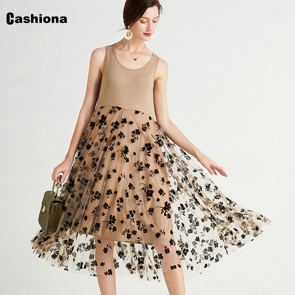 Women Elegant Leisure Casual Embroidery Flower Sweet Dress Sleeveless A-line Party Dress Splice Guaze Summer Mid-Calf Dresses
Women Elegant Leisure Casual Embroidery Flower Sweet Dress Sleeveless A-line Party Dress Splice Guaze Summer Mid-Calf Dresses
