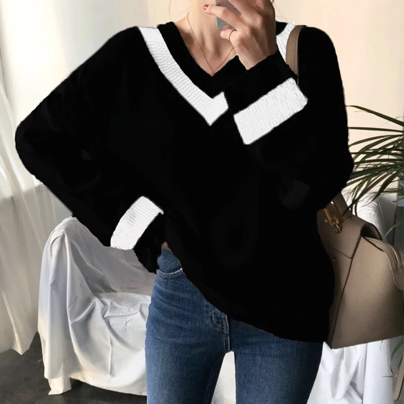 Warm Knitted Sweater Pullover for Women V Neck Pullover Sweaters Patchwork Cute Loose Harajuku Clothing Woman White Black 2021
Warm Knitted Sweater Pullover for Women V Neck Pullover Sweaters Patchwork Cute Loose Harajuku Clothing Woman White Black 2021
