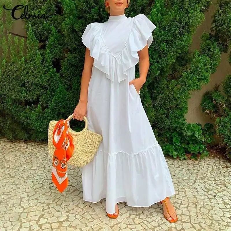 Women Elegant Ruffled Sleeveless Maxi Dress Celmia 2021 Summer High Collar Long Sundress Fashion Pleated Stitching Baggy Vestido
Women Elegant Ruffled Sleeveless Maxi Dress Celmia 2021 Summer High Collar Long Sundress Fashion Pleated Stitching Baggy Vestido