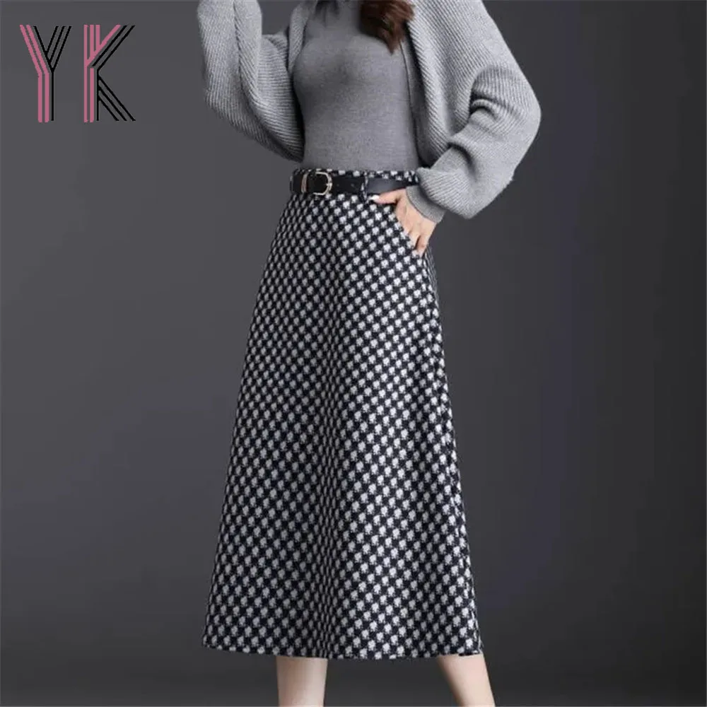 

Vintage Houndstooth Wool Blend Korean A-Line Midi Skirts High Waist Elegant Aesthetic Sukienka Autumn Winter Pockets Plaid Saia