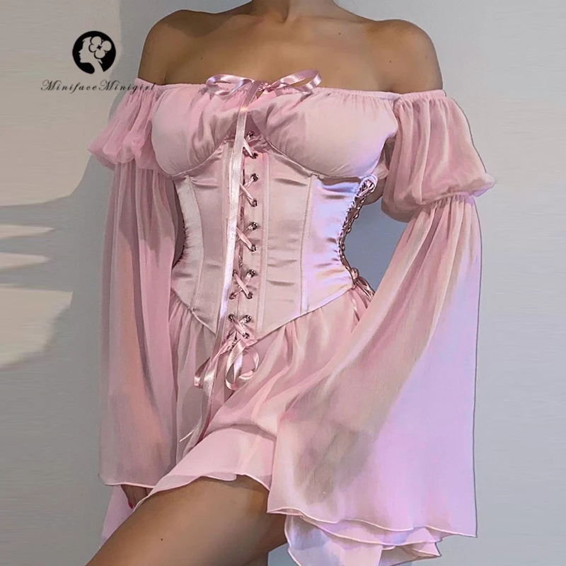 Women's Sexy Off Shoulder Bohemian Chiffon Ruffle Flare Sleeve Mini Dress Waist Trainer Corset Summer Sundress Lace-Up Minidress
Women's Sexy Off Shoulder Bohemian Chiffon Ruffle Flare Sleeve Mini Dress Waist Trainer Corset Summer Sundress Lace-Up Minidress