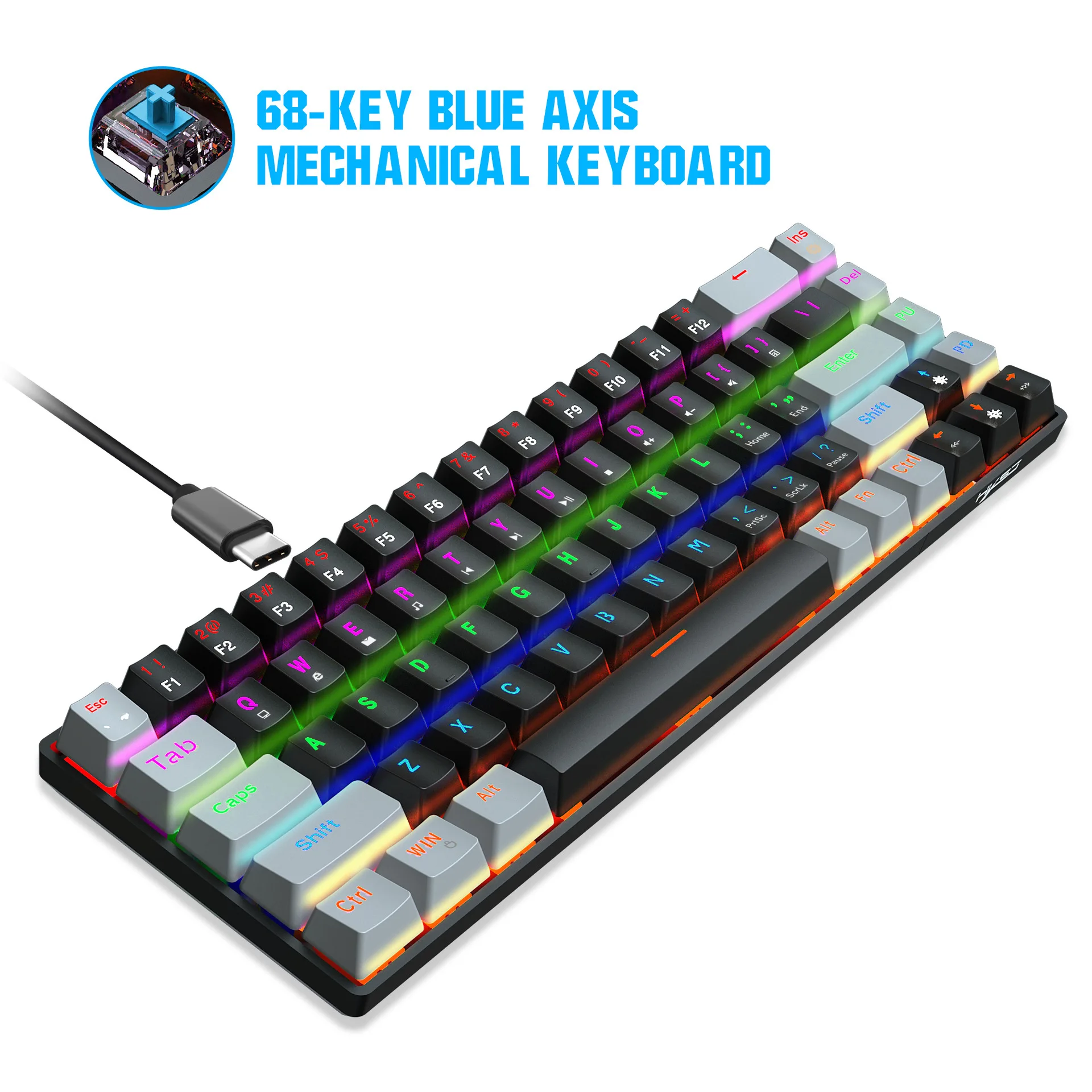 Механическая клавиатура 68 клавиш зеленая ось красная двухцветная RGB несколько с